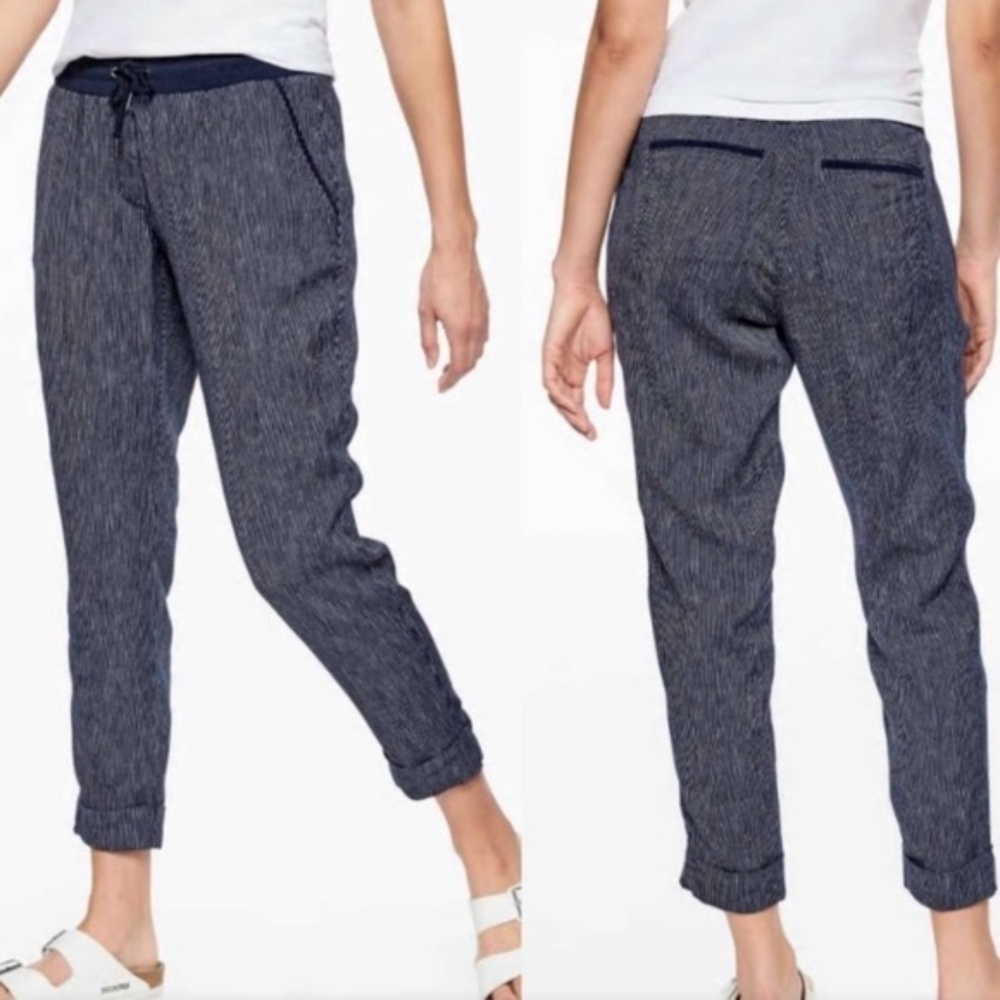 Athleta Bali Linen Navy Striped Ankle Joggers SZ 0